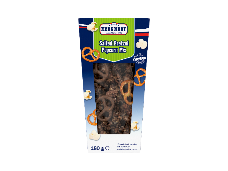 McEnnedy Salted Pretzel Popcorn Mix, 180g pack with Choviva chocolate alternative.