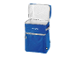 Open blue cooler backpack with white interior and hexagonal pattern