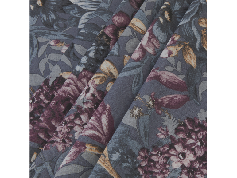 Fabric with a floral pattern in shades of gray, burgundy, and gold.