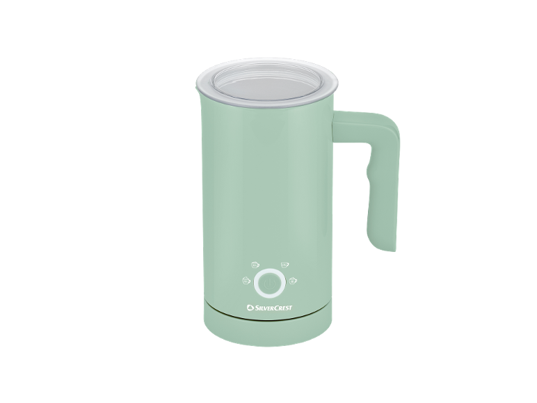 Light green milk frother with a transparent lid and control buttons.