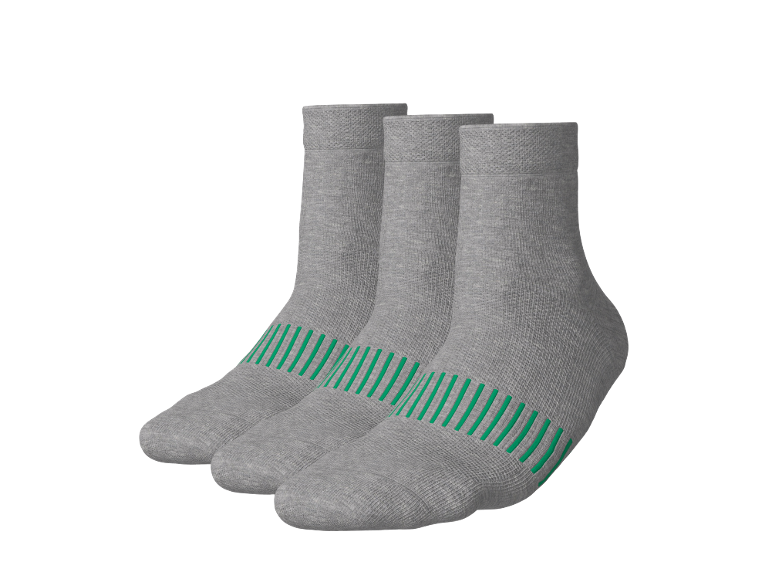 Three pairs of grey socks with green stripes