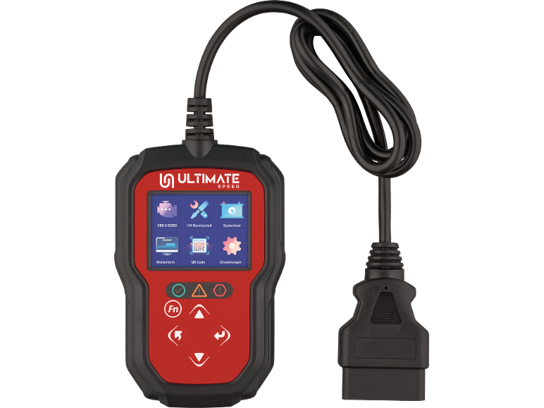 Car diagnostic tool with screen showing OBD II/EOBD, Systemtest, and Settings options.