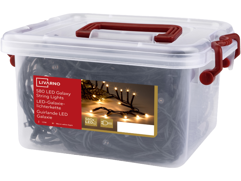 580 LED string lights in a plastic box, warm white light, 7.5W.