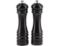Two black salt and pepper mills with an elegant design.