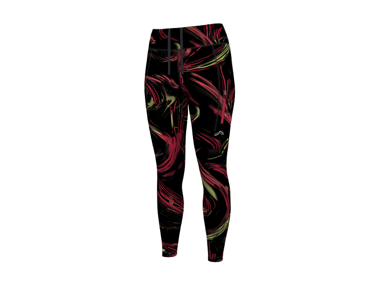 Black sports leggings with red and lime green abstract pattern.