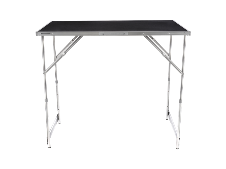 Foldable workbench with a black surface and a silver aluminum frame.