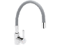 Kitchen faucet with a grey flexible spout and chrome finish.