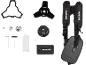 Brush cutter harness, blades, trimmer head, tools, and fuel container.