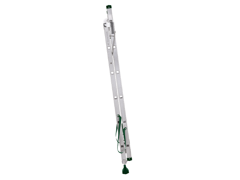 Foldable aluminum telescopic ladder with green details, viewed diagonally.