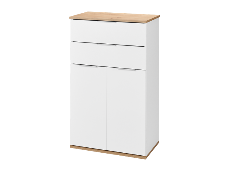 White chest of drawers with two drawers and two doors, with a wood-effect top and base.