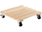 Wooden plant caddy with slatted top and four caster wheels, two with brakes.