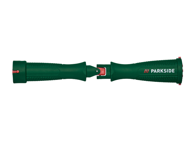 Green and red garden tool with textured handles, disassembled in the center.