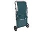 Foldable beach trolley with teal fabric and black wheels, shown upright.