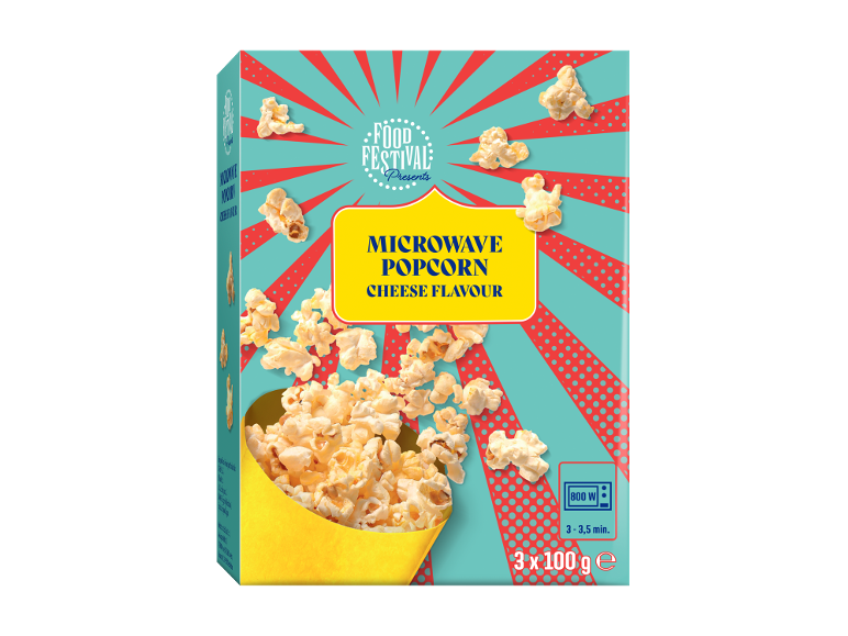 Microwave popcorn cheese flavour box, 3x100g, with a circus theme.
