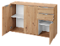 Wooden chest of drawers with open doors and drawers, showing interior shelves.