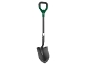 Green and black garden shovel with a serrated edge.