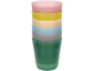 Stack of colorful plastic cups in pink, yellow, beige, blue, grey, and green.
