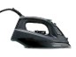 Black steam iron with a textured body and a logo on the front.