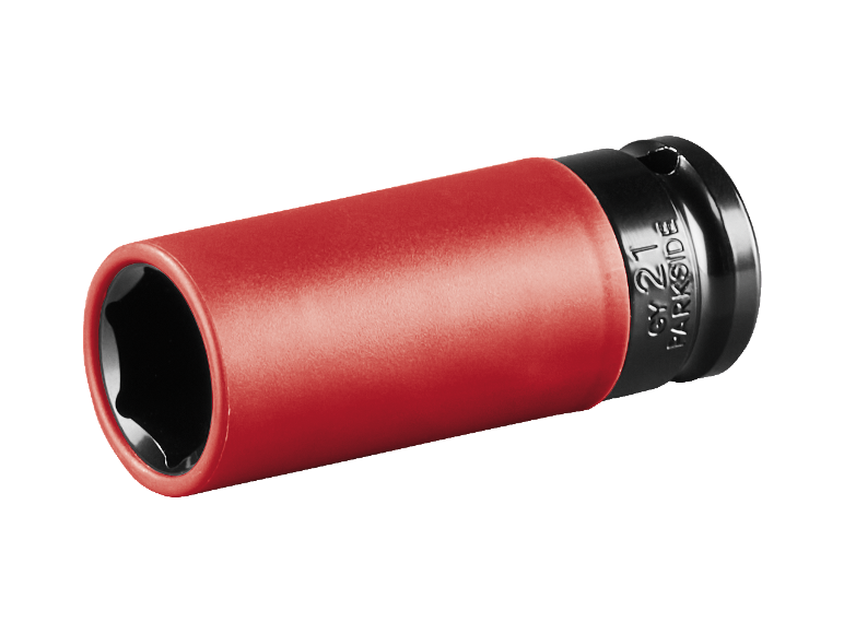 Red and black socket wrench with 'CrV 21' marking
