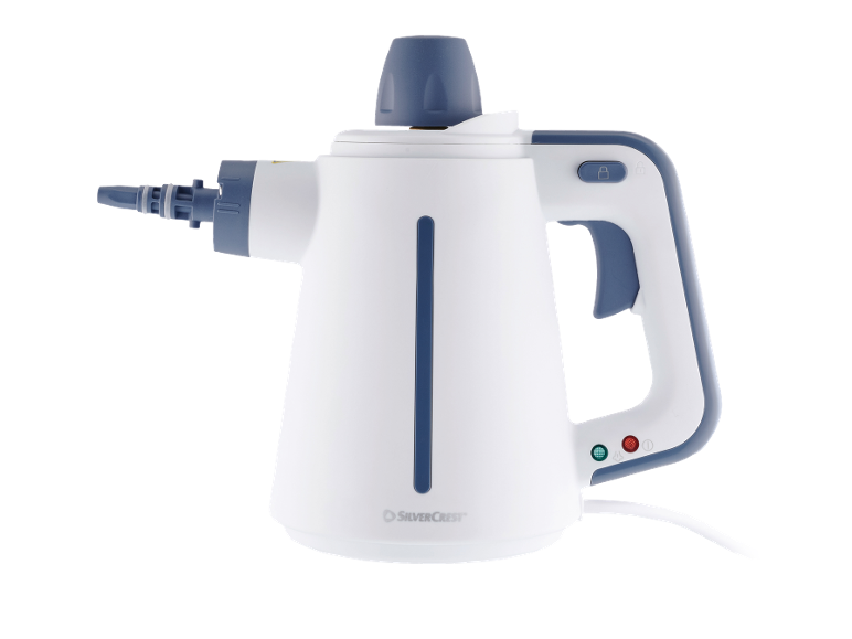 White and blue handheld steam cleaner with nozzle and handle.
