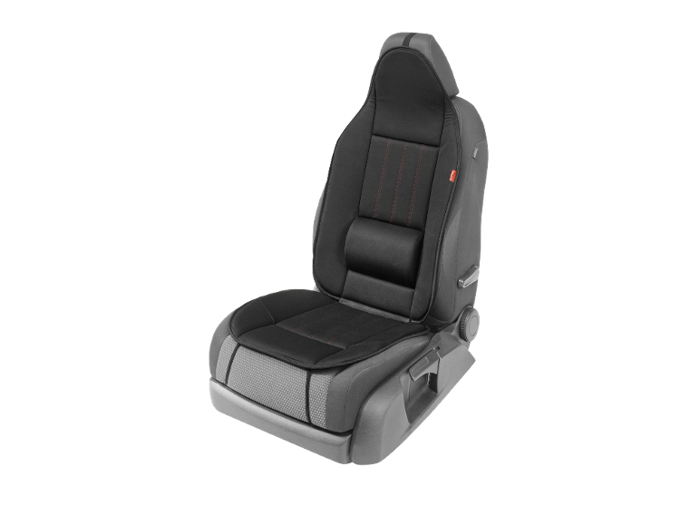 Black car seat with red stitching and lumbar support.