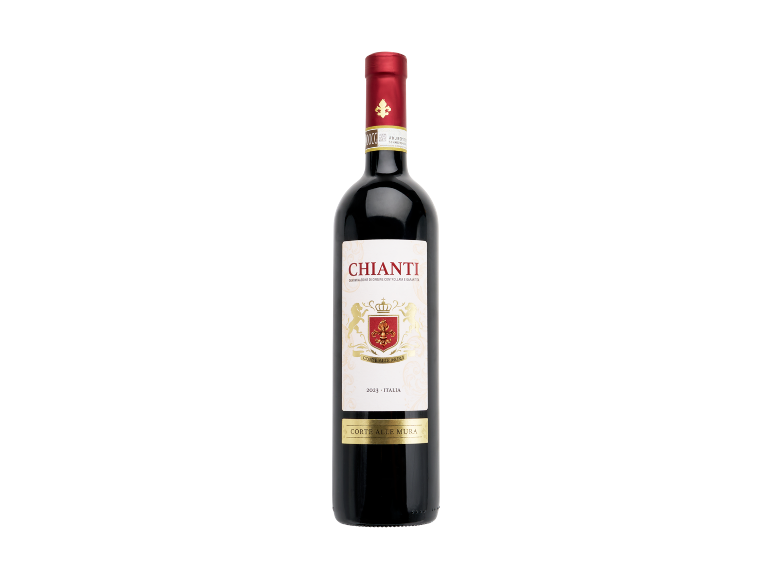 Bottle of Chianti red wine with a label adorned with a crest and the year 2023.