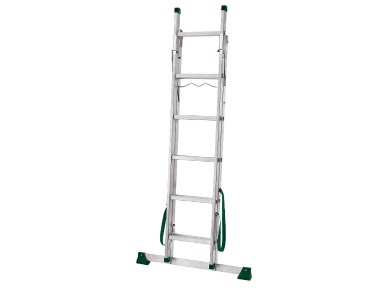 Extendable aluminum ladder with green anti-slip feet and safety straps.
