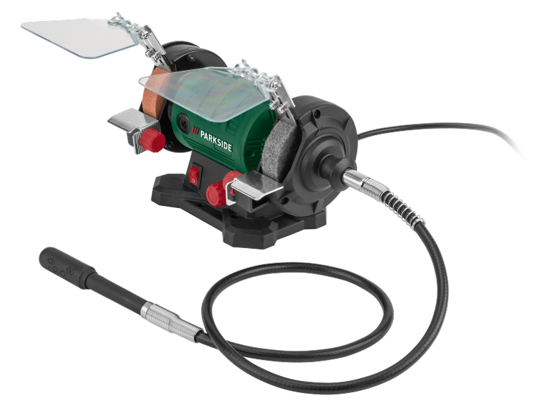 Bench grinder with a flexible shaft and protective shields.