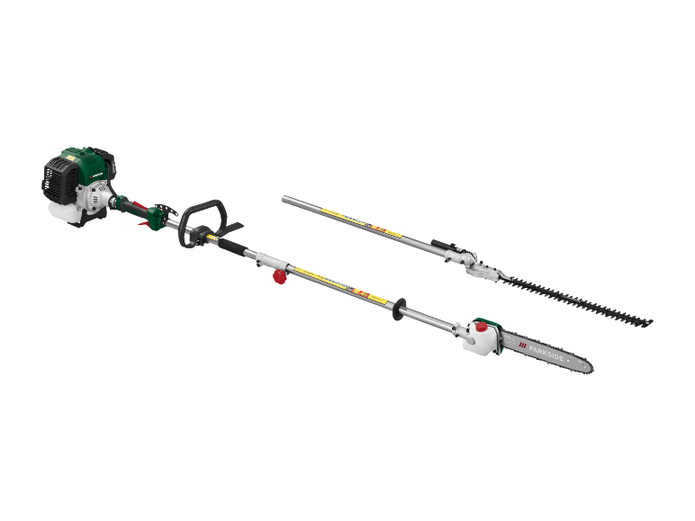Multi-tool with chainsaw, hedge trimmer, and brush cutter attachments.
