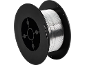 Black spool with silver wire, possibly for welding or 3D printing, on a black background.