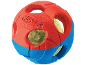 Red and blue pet toy ball with cutouts and a yellow ball inside.
