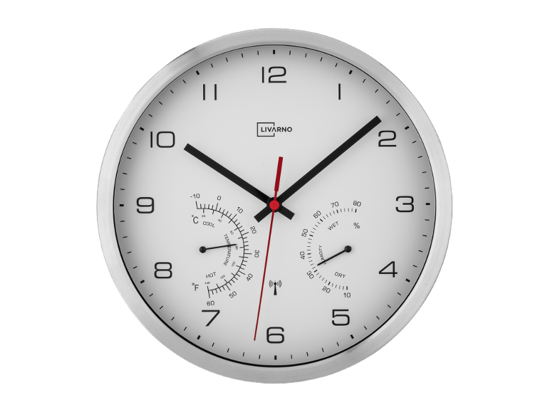 Round wall clock with thermometer and hygrometer, white face, black numbers and hands