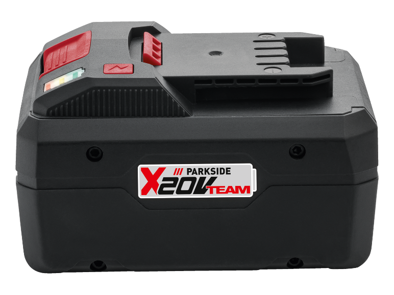 Power tool battery with charge indicator and X20V Team logo.