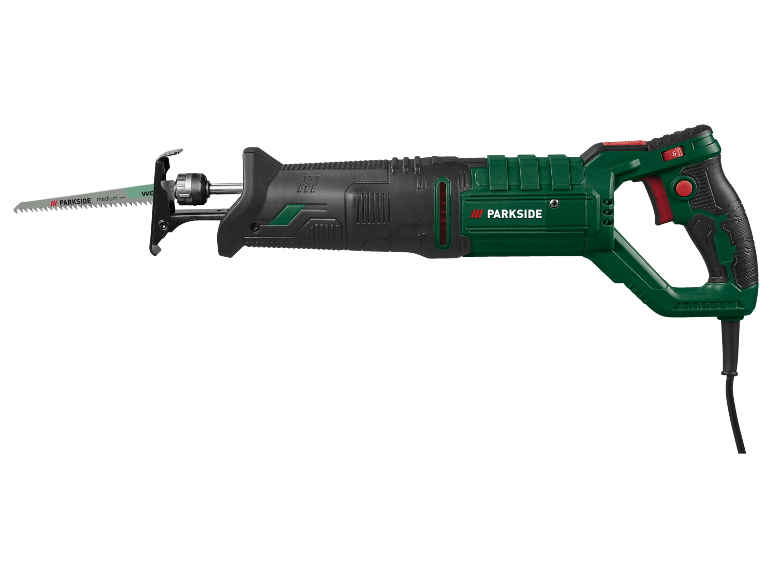 Green and black electric reciprocating saw with wood blade