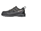 Black work shoe with yellow details and a robust sole.