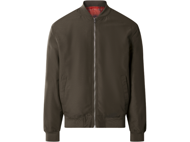 Men's dark green bomber jacket with a red plaid lining and a silver zipper.