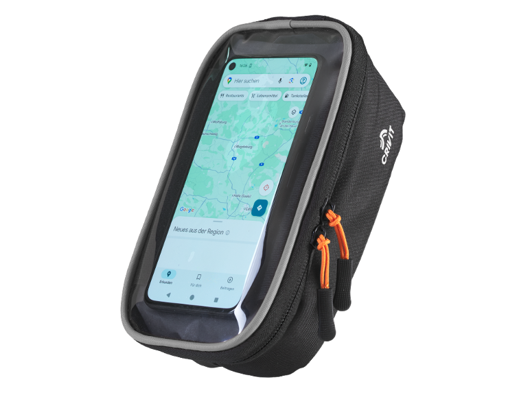 Black bicycle bag with a transparent smartphone pocket displaying a map.