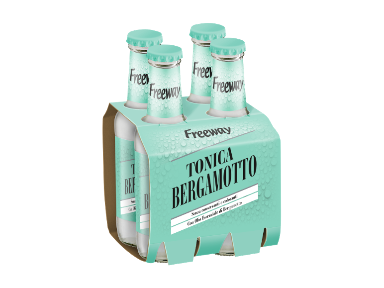 Pack of 4 bergamot tonic bottles with water droplets.