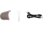 Clear shield, wrench, and black USB cable.