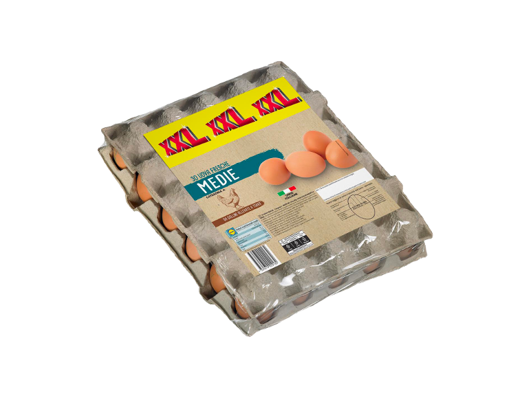 Carton of 30 fresh medium eggs, with an 'XXL' label and nutritional information.