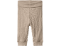 Beige ribbed baby trousers with elasticated waist and cuffs.
