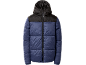 Blue and black puffer jacket with hood and front zipper.