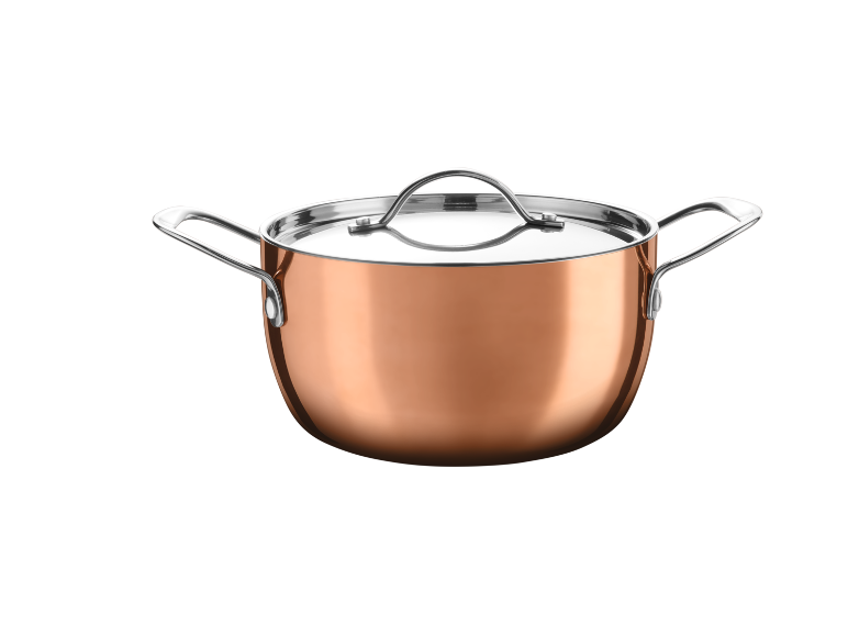 Copper pot with a glass lid and metal handles