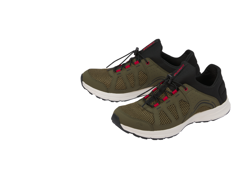 A pair of olive green mesh sports shoes with red and black details.