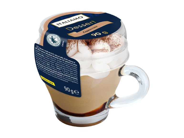 Cappuccino dessert in a cup with whipped cream and cocoa powder, 90g.