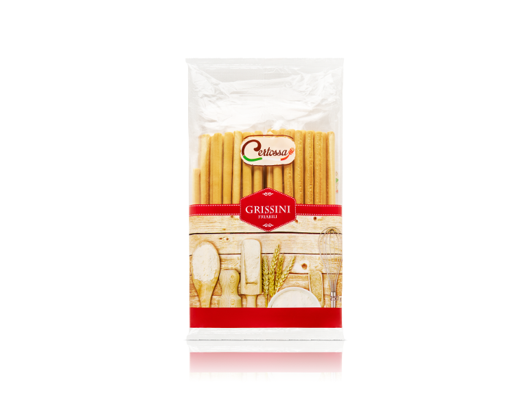 Packet of grissini with a wooden background featuring baking utensils and wheat ears.