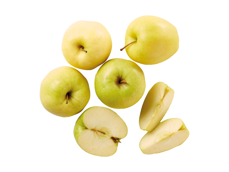 Yellow and green apples, some whole and some sliced, on a black background.