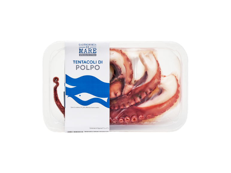 Packaging of cooked octopus tentacles with a „GASTRONOMIA DI MARE” label.