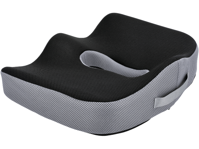 Ergonomic seat cushion made of black and grey mesh fabric.