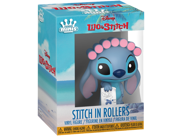 Vinyl figure of Stitch in rollers, holding a drawing, in a beach-themed box.